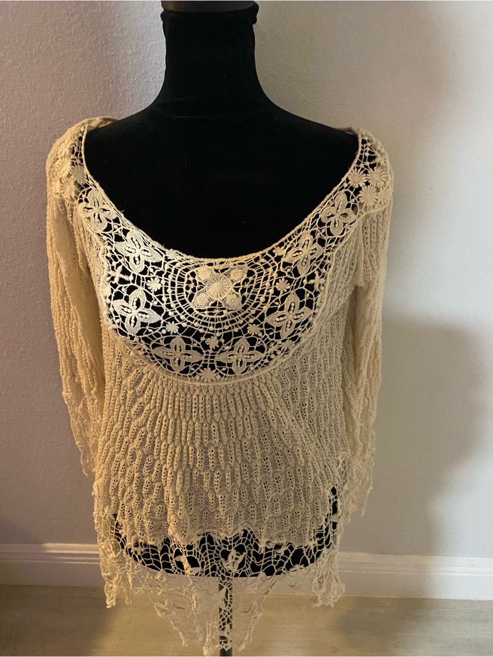SOLD.   Cream Crochet Lace Knit Tunic